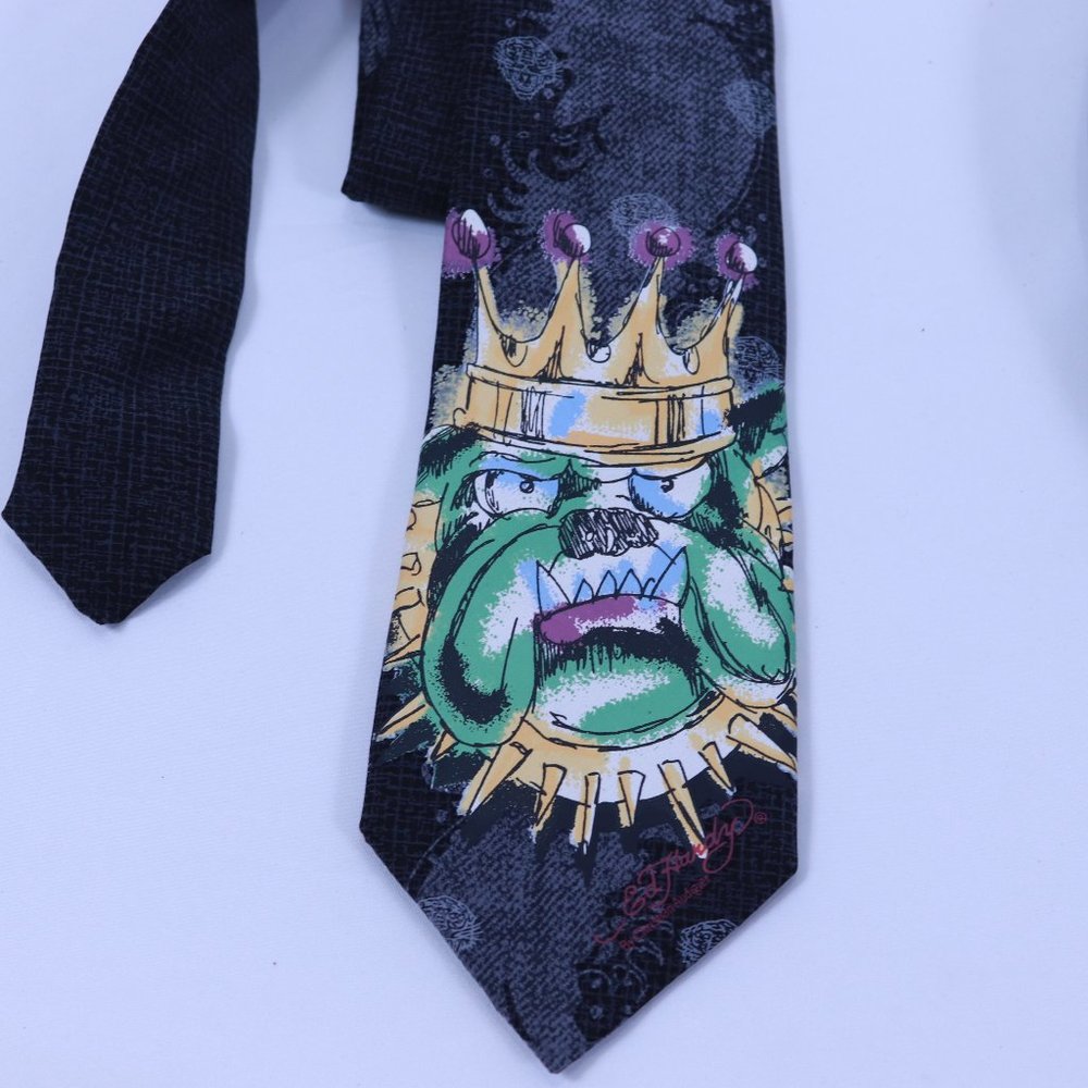 ED HARDY by Christian Audigier Bulldog w/ Crown Gray Black 100% Silk Neck Tie
